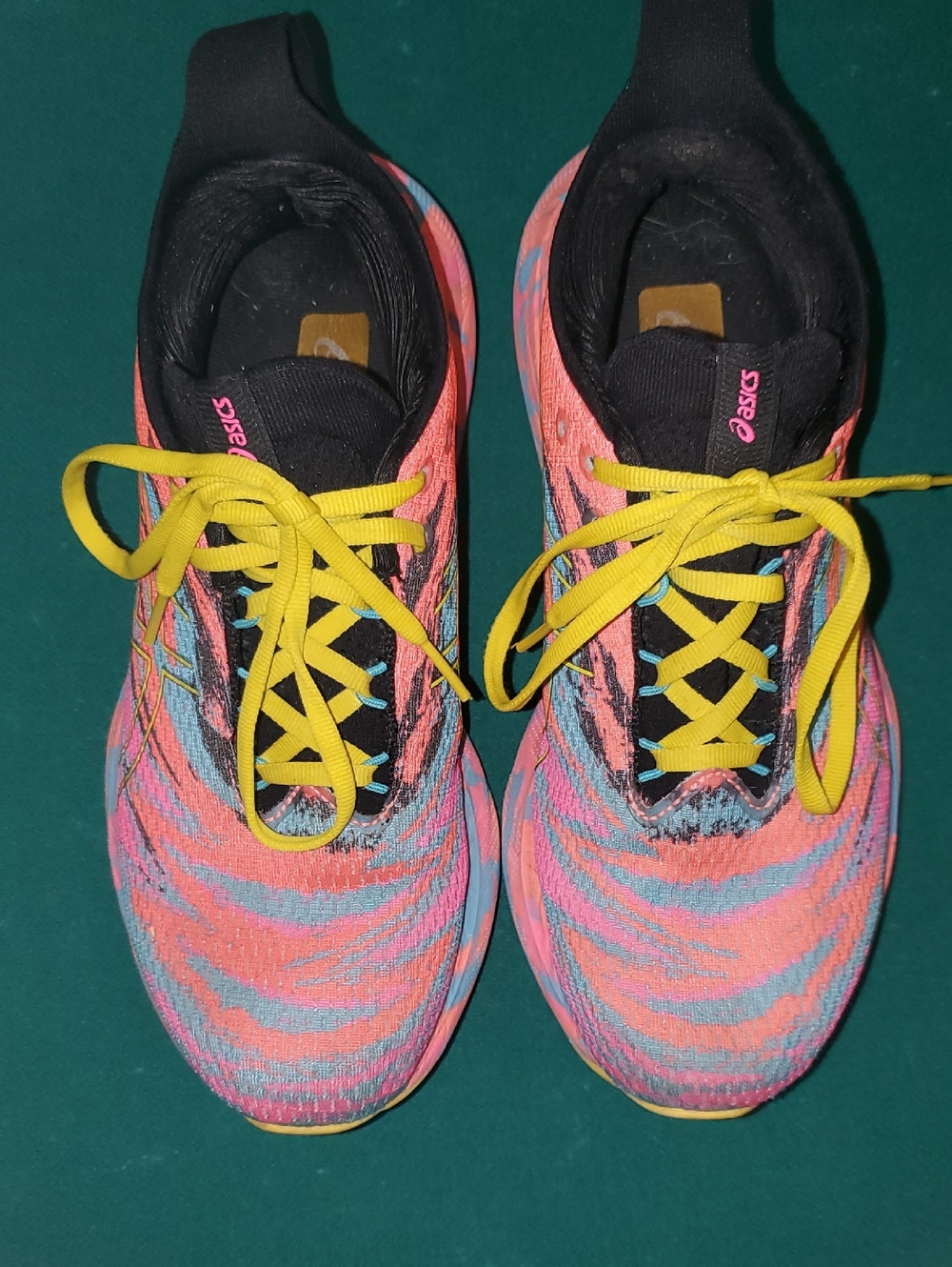 ASICS Women's Pink and Blue Knit Running Shoes with Yellow Laces